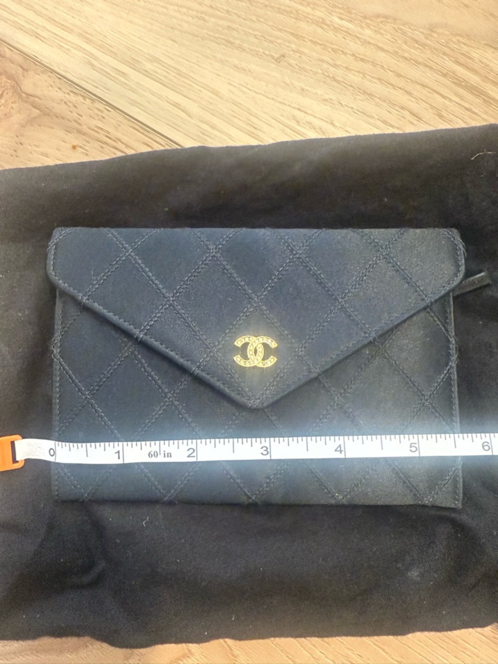 Authentic CHANEL Black Satin Quilted Clutch with Gold Logo - Picture 11 of 12